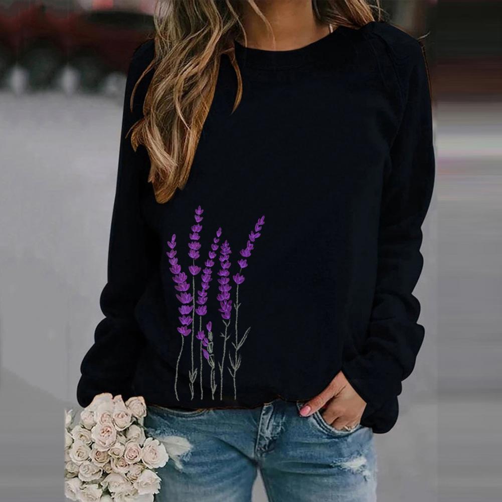 Women Sweatshirt Floral Print O Neck Loose Warm Lady Blouse for Daily Wear