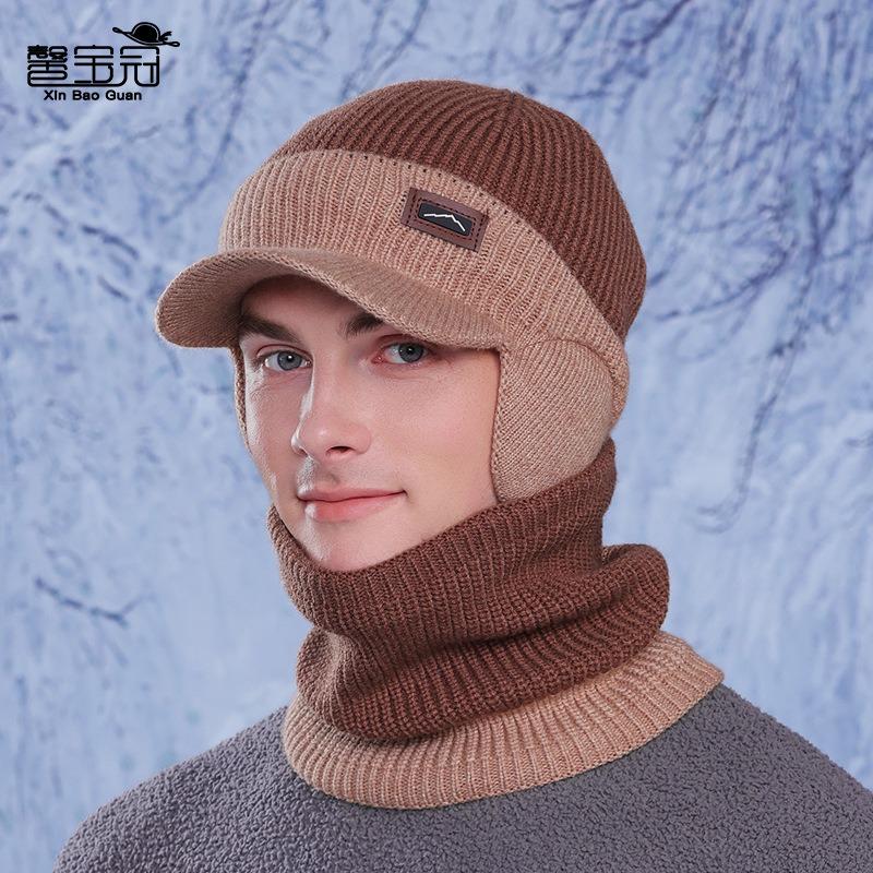 Winter hat, scarf set, outdoor velvet and cold-proof knitted wool hat, men's cycling warm ear protection pullover hat