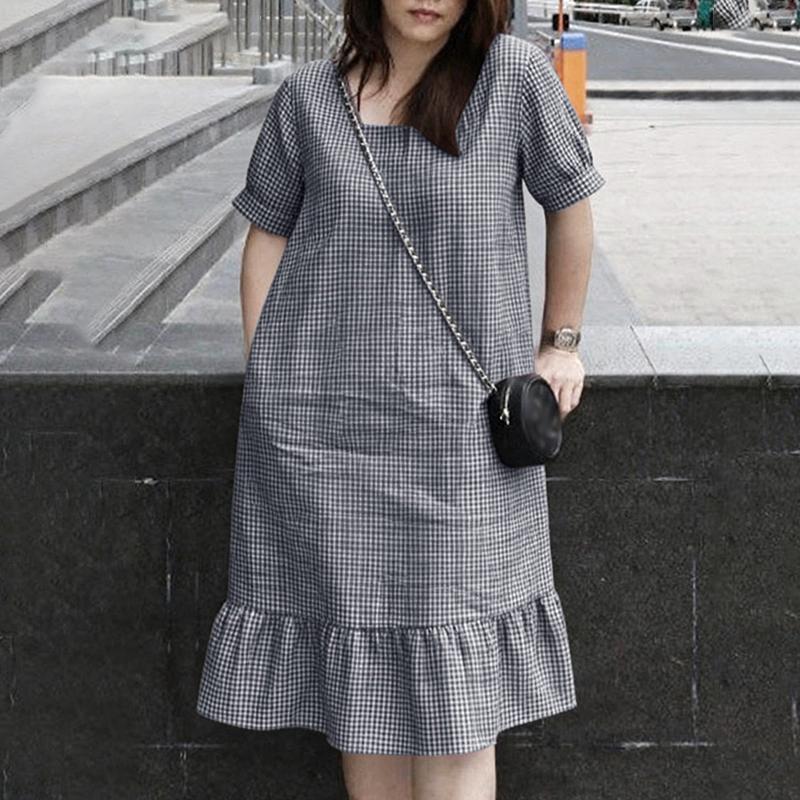 ZANZEA Women Casual Square Collar Short Sleeve Grid Print Dress