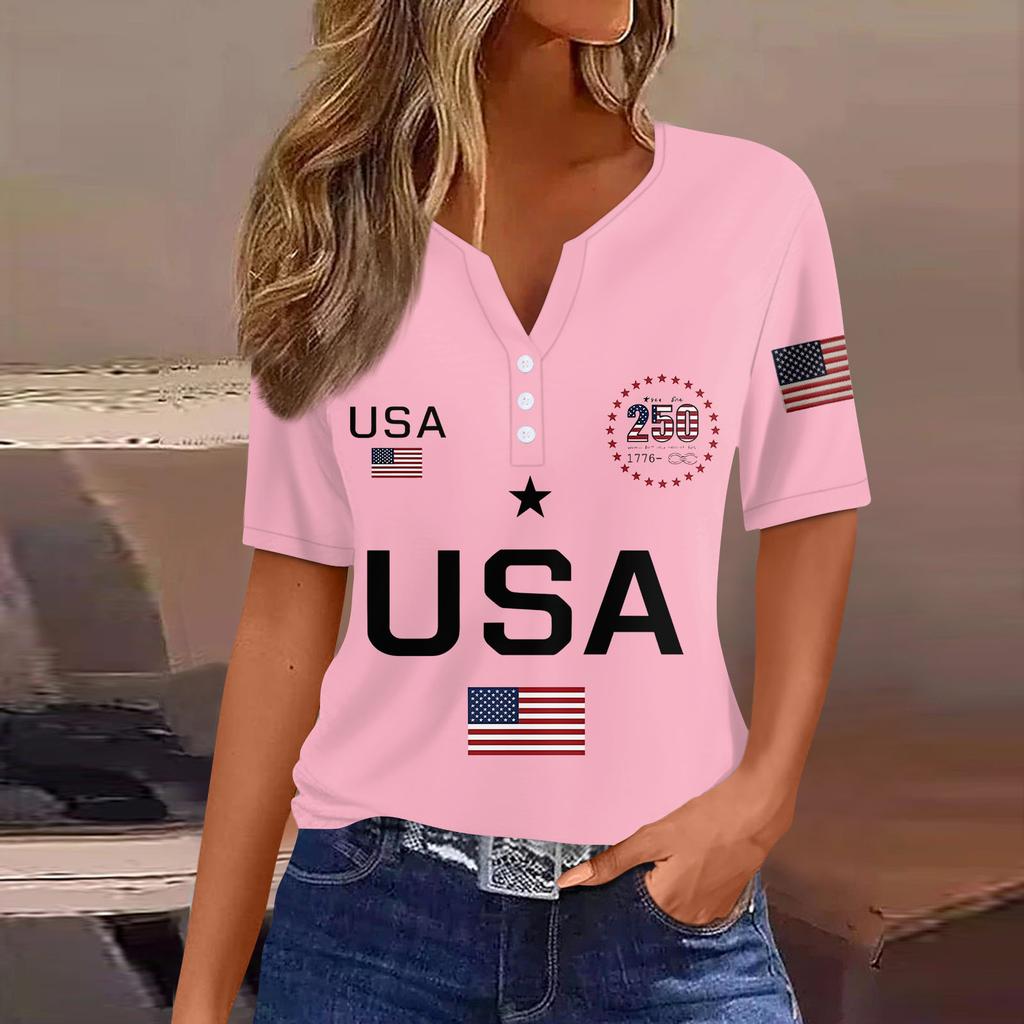 Damen-T-Shirt mit Aufdruck „Unabhängigkeitstag“ und Knopfleiste, kurzärmelig, für den Alltag und das Wochenende, modisch, Basic, V-Ausschnitt, normales Oberteil