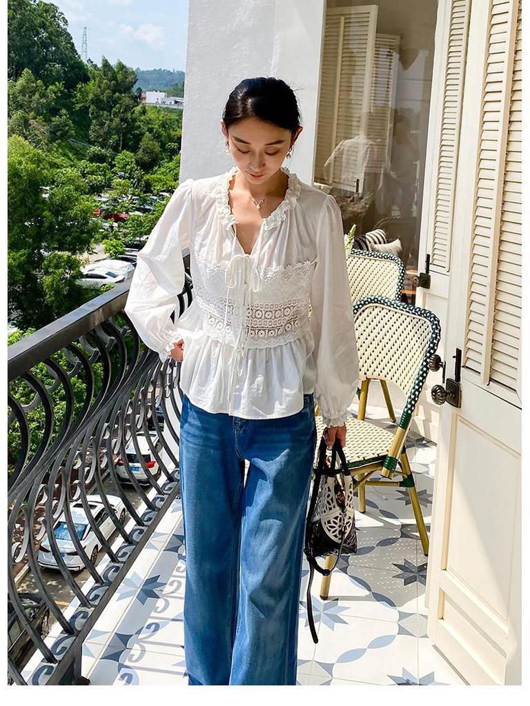 Autumn Lace Long Sleeve White Shirt - European & American Style Women's Top