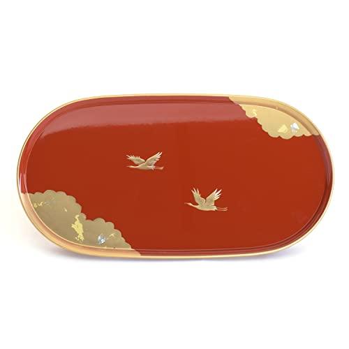 Maeju Lacquerware Toso Set, Shining Vermilion Red with Crane and Phlogopite Design, Includes Sake Cup, Choshi, and Toso Stand, Traditional Craftsmansh