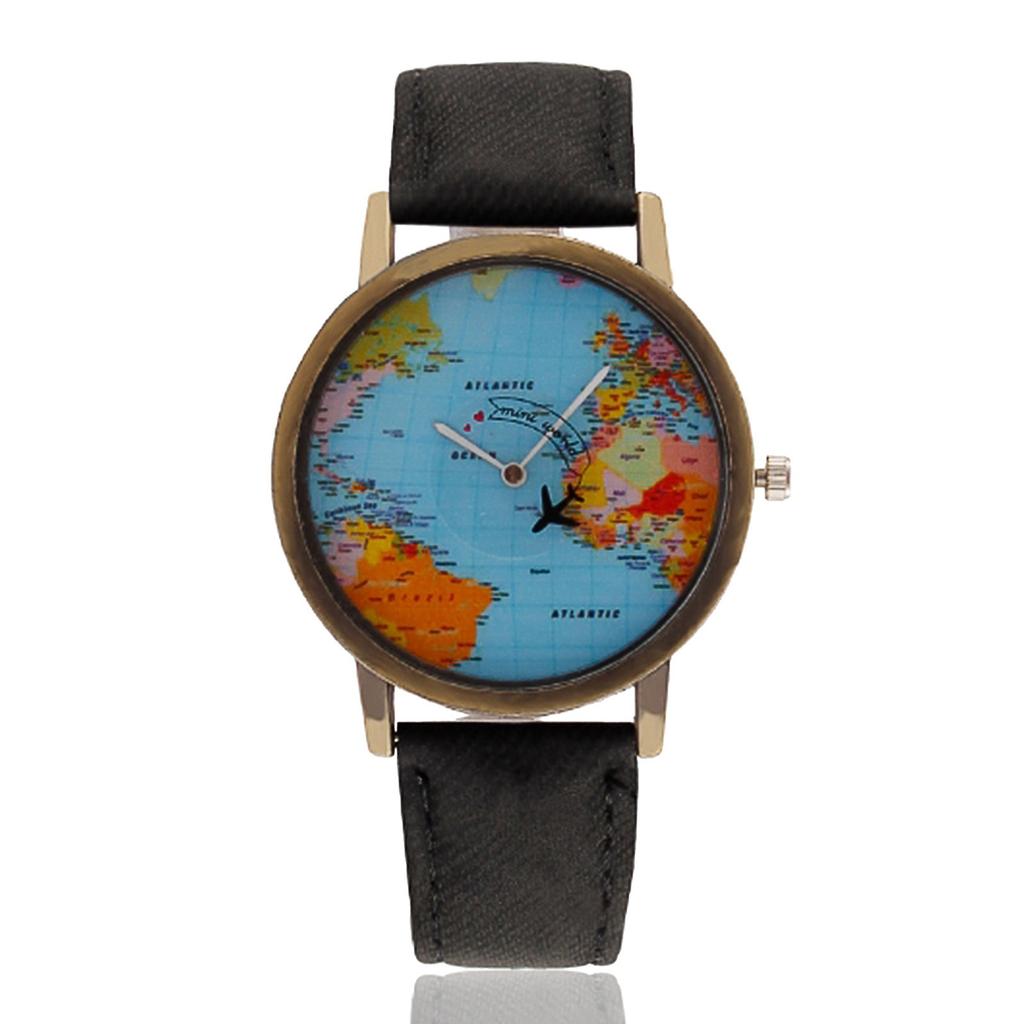 Fashion Retro Belt Quartz Watch Airplane Second Hand Map Watch Unisex