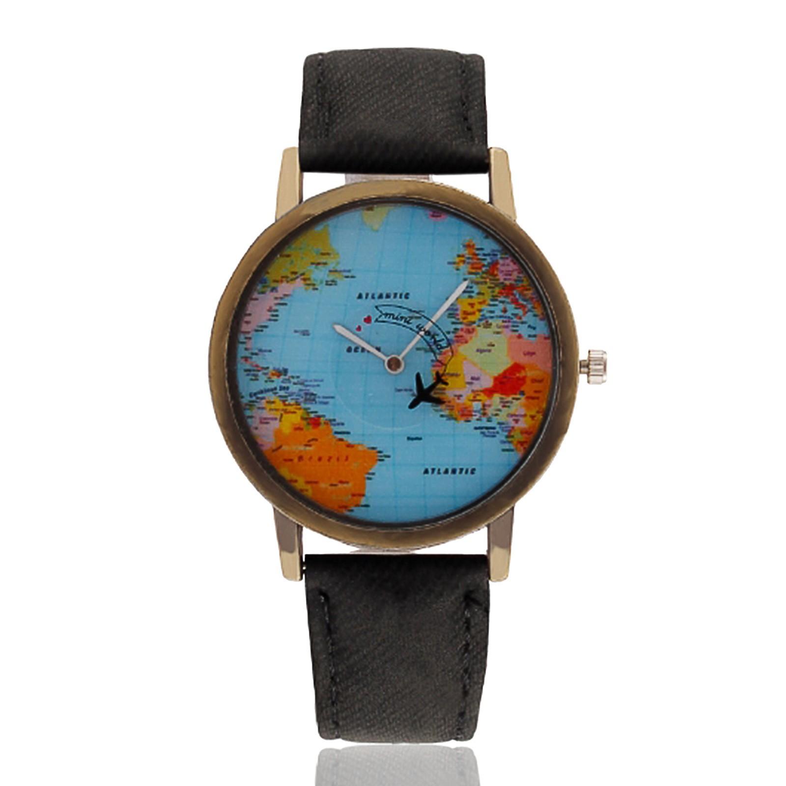

Fashion Retro Belt Quartz Watch Airplane Second Hand Map Watch Unisex чёрный