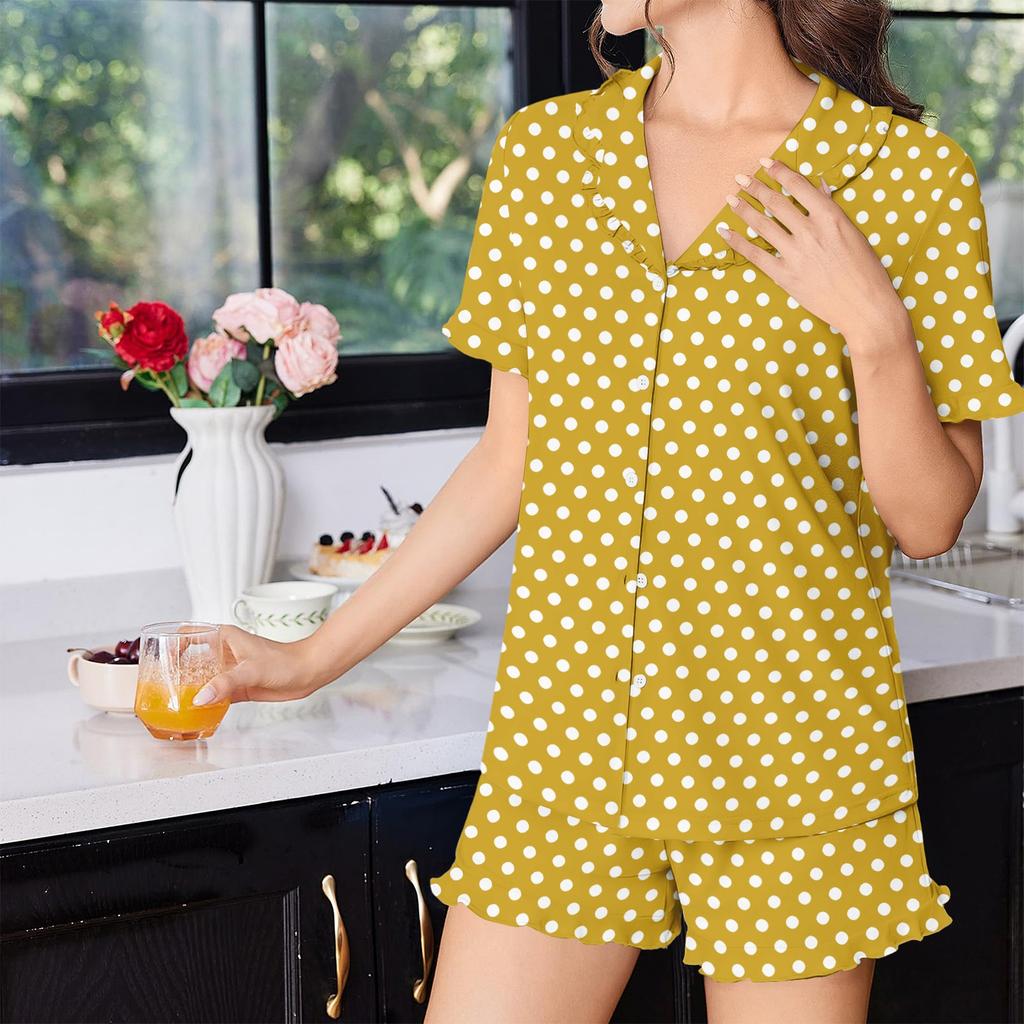 Damen Zweiteiliges Pyjama-Set Kurzarm-Hemd mit Knöpfen und Rüschensaum mit Polka-Dot-Print mit passender Hose Loungewear-Schlafanzug-Set