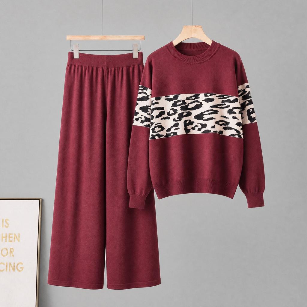 Foreign Trade European and American Leopard Print Knitwear Set for Women, Two-Piece Autumn/Winter Crew Neck Long Sleeve Top, Casual Wide-Leg Pants