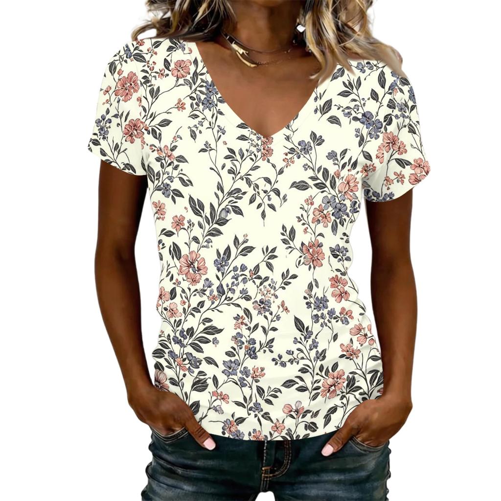 Women V Neck Short Sleeve T Shirt Floral Print Casual Loose Fit Lightweight Summer Top for Daily Wear Work Travel