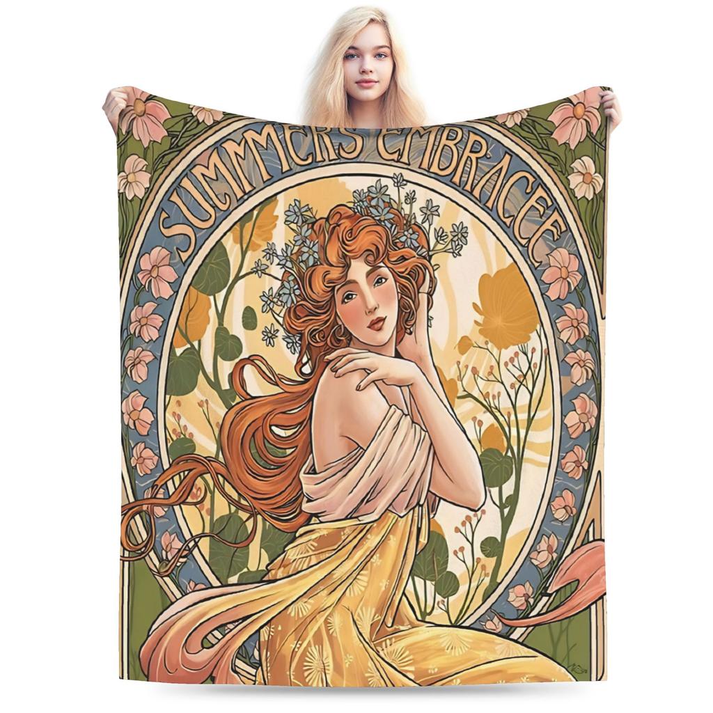 Language of Flowers Alphonse Mucha   Plush Blanket Students  Flannel Throw Blanket For Outdoor Soft Custom DIY Quality Bedspread