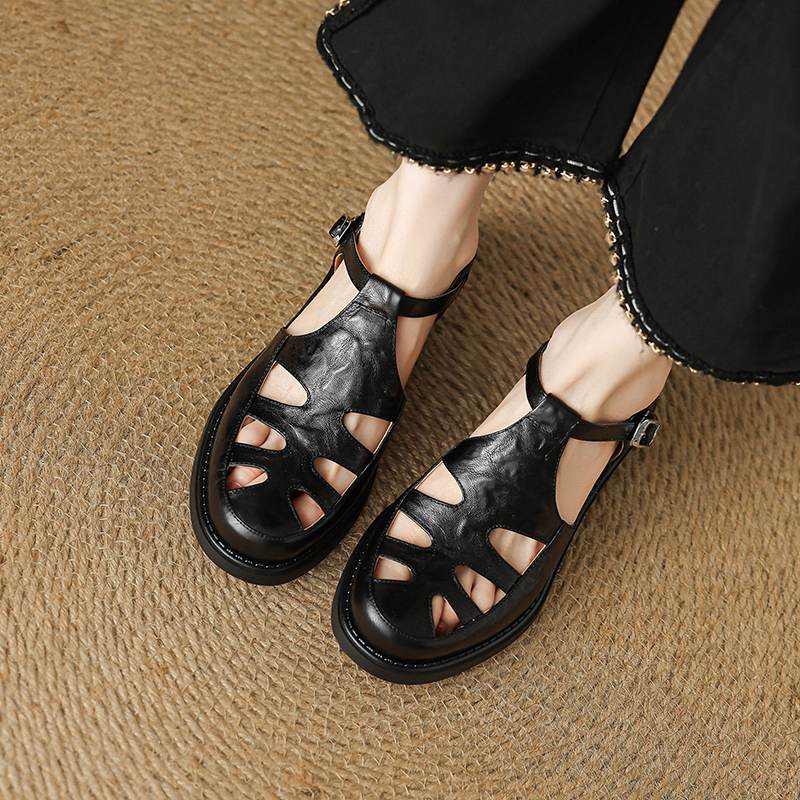 Krazing Pot Fårskinn Rund Tå Storlek 42 Hög Kvalitet Tjock Mellanhög Klack Spänne Ihålig Stil Vacker Höst Större Storlek Pumps