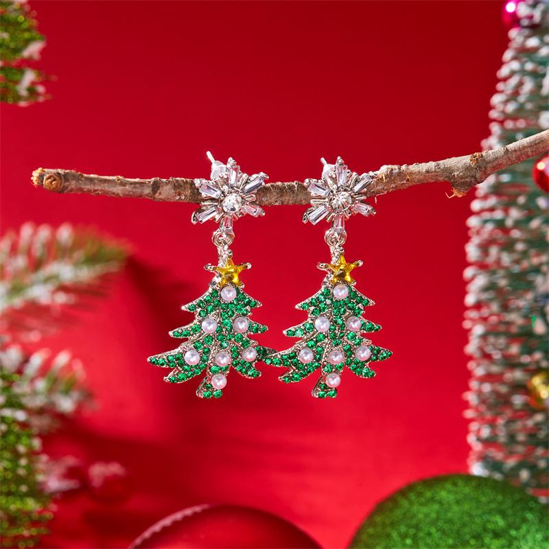 Light Luxury Colorful Zircon Christmas Bells Earrings for Women Elegant Green Tree Snowflake Drop Earrings New Year Jewelry Gift