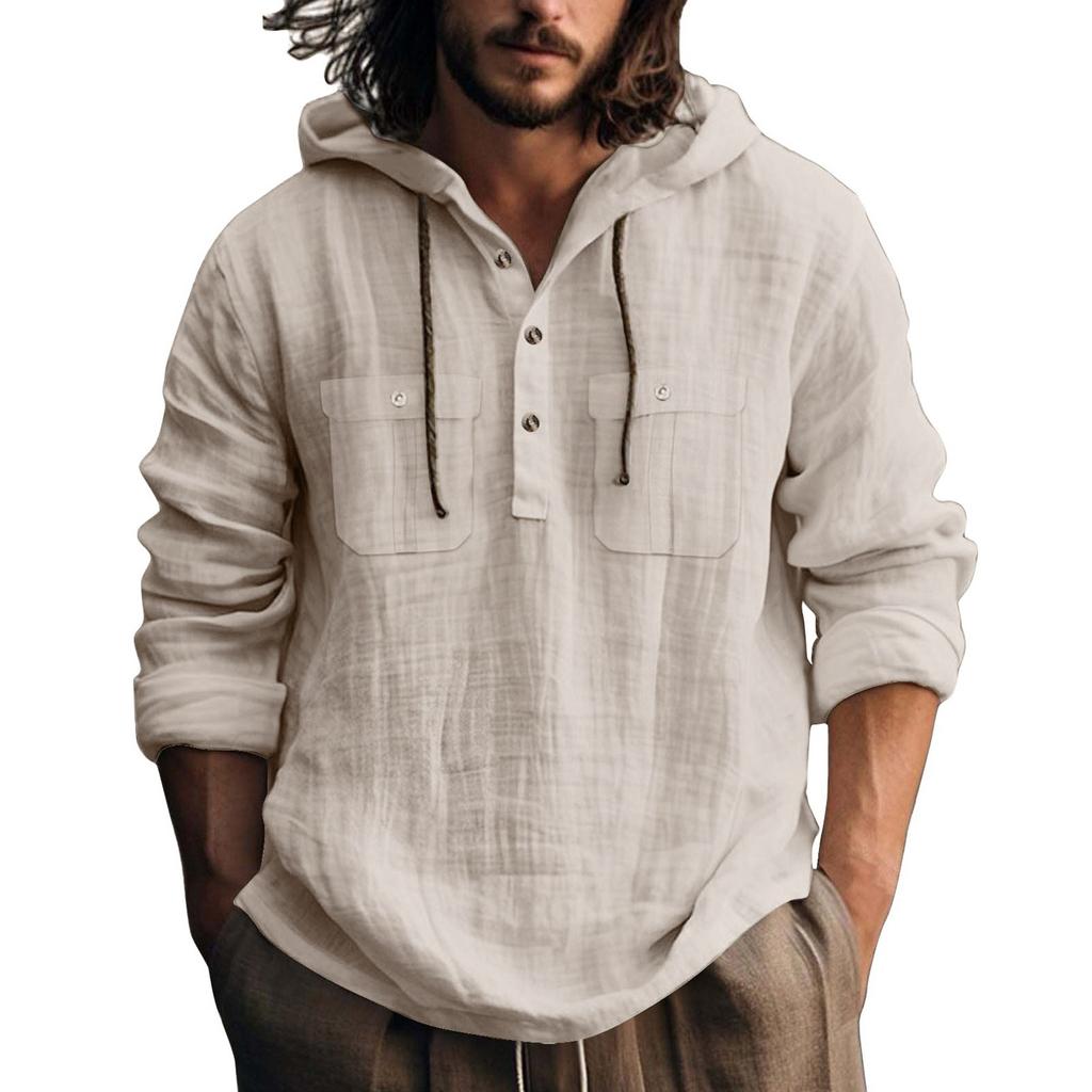 Men's Summer Solid Color Pockets Cotton Linen Long Sleeve Button Hooded