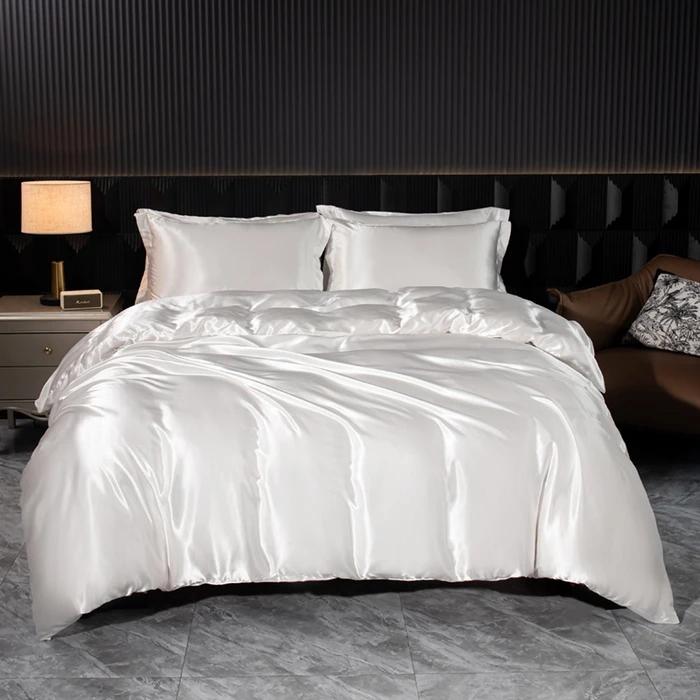 Solid Silk Bedding Set with Duvet Cover Bed Sheet Pillowcases Luxury Satin Single Double Bedsheet King Queen Twin Size