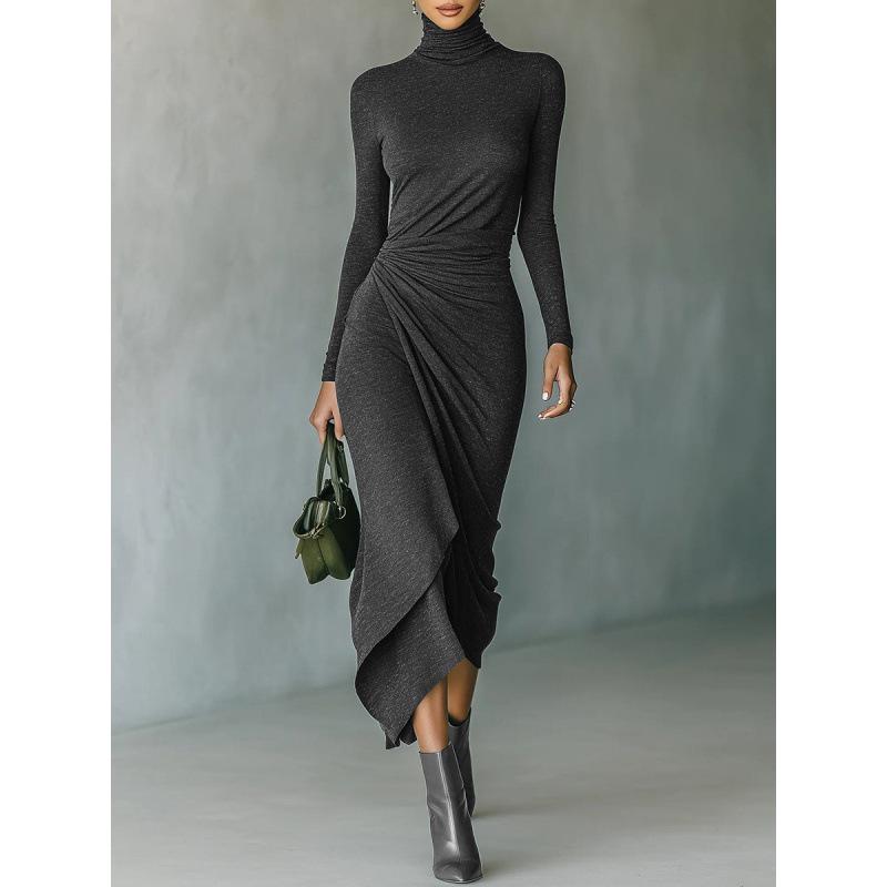 Elegant High-Collar Waist-Cinching Irregular Wrap Dress for Women - Autumn/Winter Collection