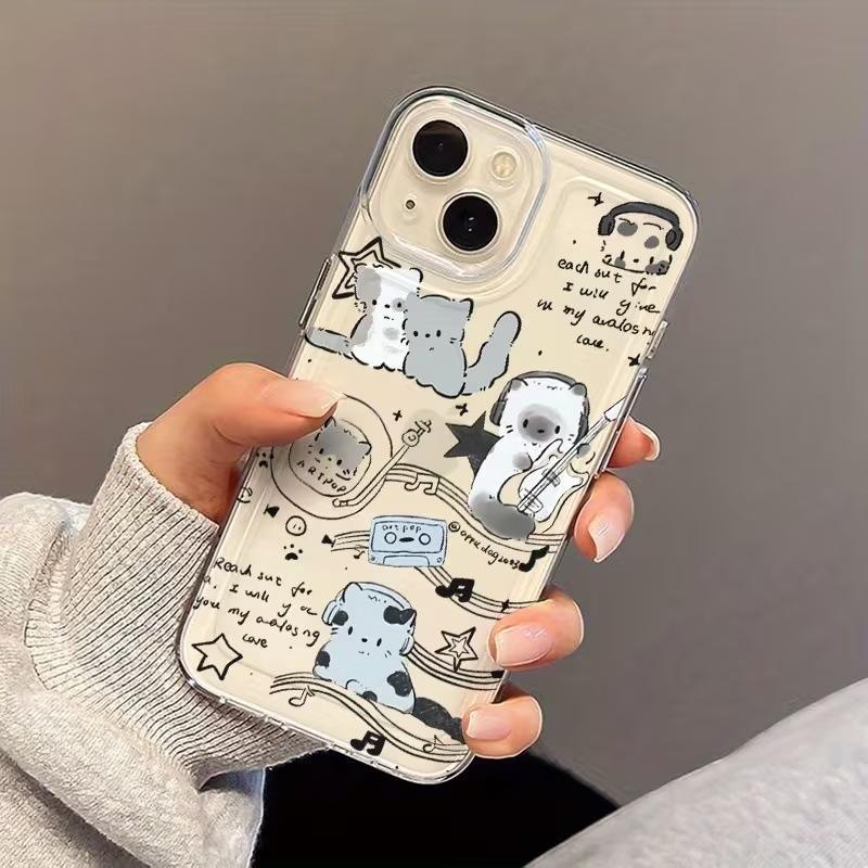 Line Music Cat Is Suitable for Apple 17 Transparent Case 16 All-inclusive Fine Hole iPhone15promax Anti-drop Protective Case.