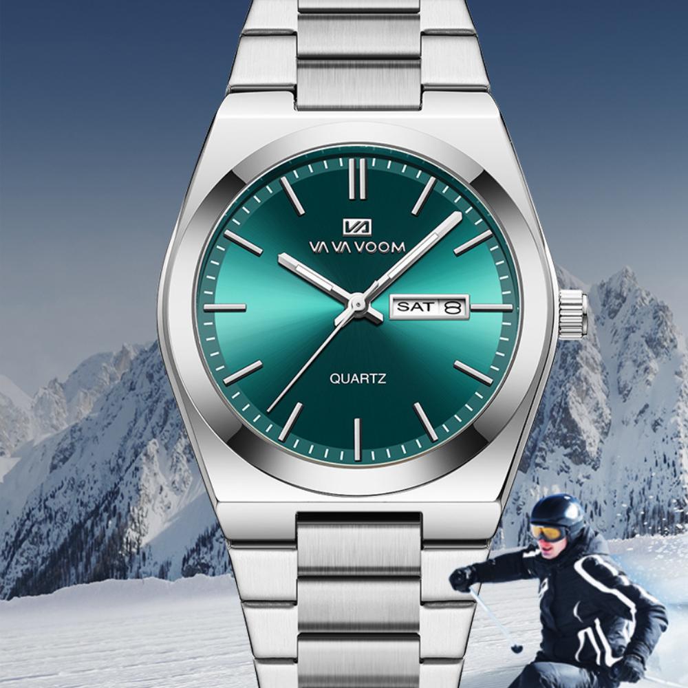 Business Casual Steel Chain Men Watch Month Week Dual Calendar Waterproof Watch Silver Gold Simple Men Watch