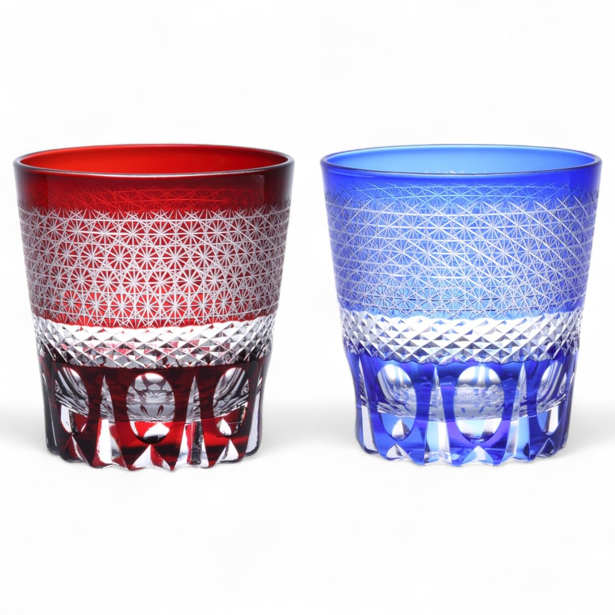 

Mizukage Kiriko Pair of Glass Sashiko Red with Bottom Bisho J-kitchens Cups, 85xH90mm, 260cc, Design, & Blue, Carving, (Current Model)