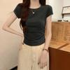 Round Neck Short-sleeved T-shirt for Women, Slim New Style, Waist Tight, Korean Style Design, Unique Right Shoulder Top for Niche Hot Girls