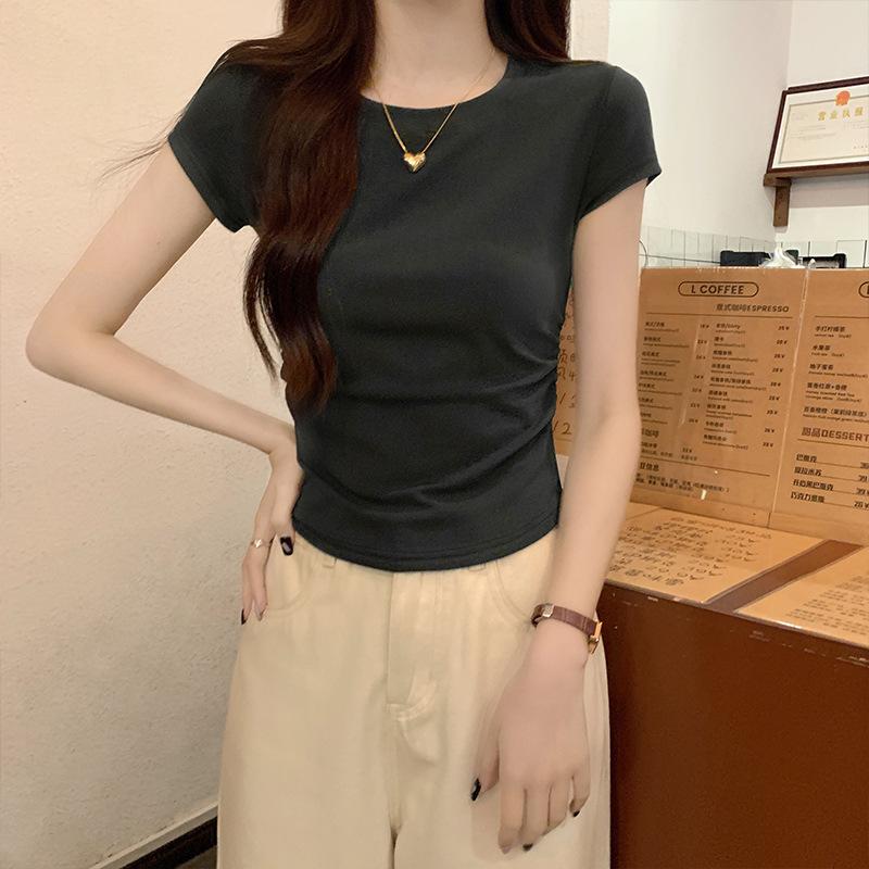 Round Neck Short-sleeved T-shirt for Women, Slim New Style, Waist Tight, Korean Style Design, Unique Right Shoulder Top for Niche Hot Girls