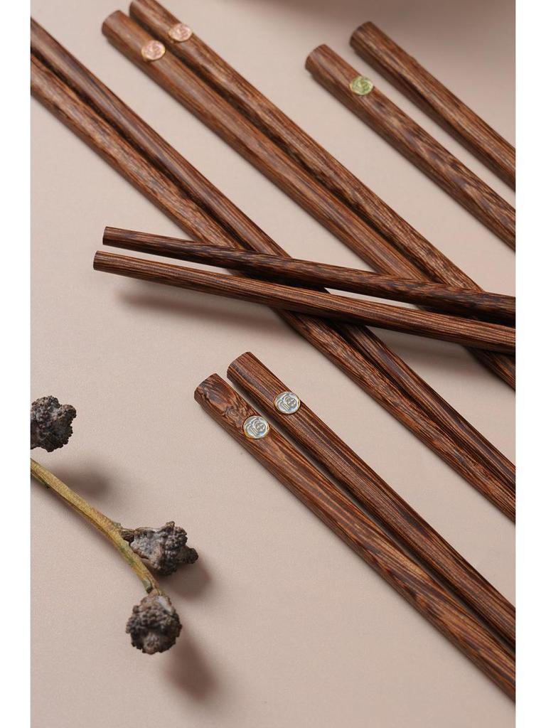 Inlaid Chicken Wing Wood Chopsticks Set - Five Blessings Design, Solid Wood, No Paint or Wax, One Chopstick per Person for Personal Use.