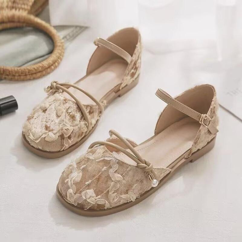 Fashion Low Heel Sandals Summer New Bao Head Round Head Shallow Mouth Fabric Soft Sole Anti-slip Wear-resistant Flat Shoes
