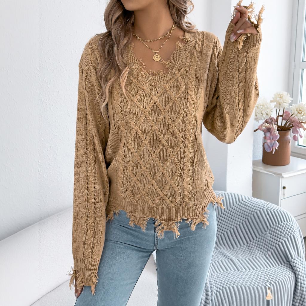 Women's Casual Color V-Neck Cable Knit Long Sleeve Sweater for Everyday Wear
