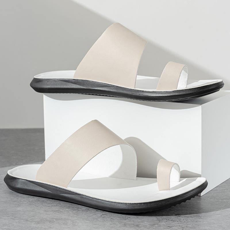 Men Brown Flip Flops Flats Slippers Summer White Sandals Retro Black Leather Beach Shoes Plus Size