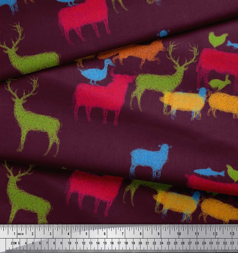 Soimoi Japan Crepe Satin Fabric Birds & Animals Hand Drawn Print Fabric by Metre 42 Inch