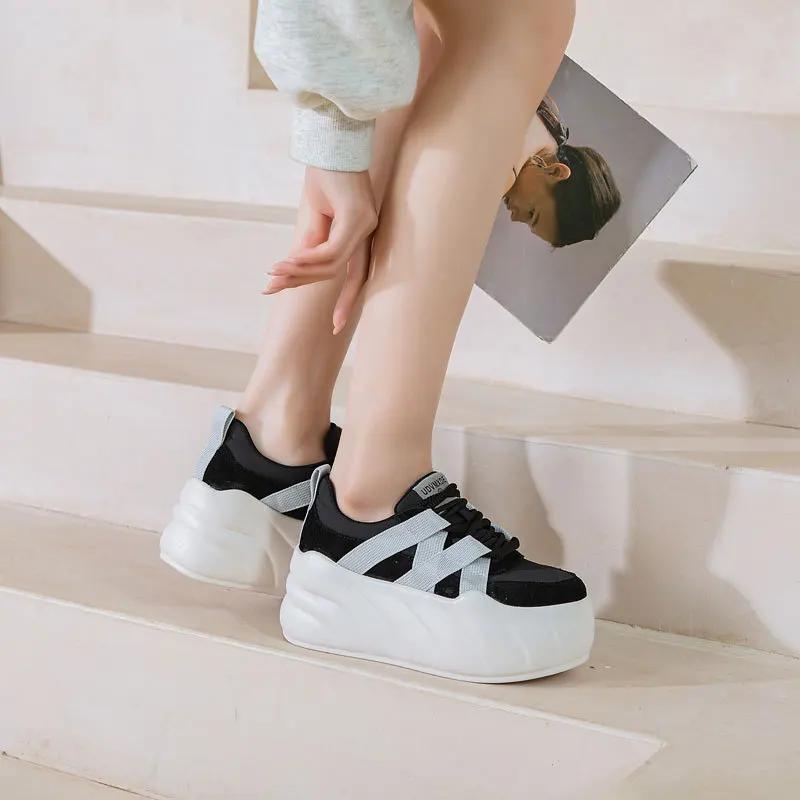 Fashion 8cm Synthetic Women Stable High Platform Chunky Sneakers Fashion Spring Autumn Vulcanize Cow Genuine Leather Lace Up Shoes