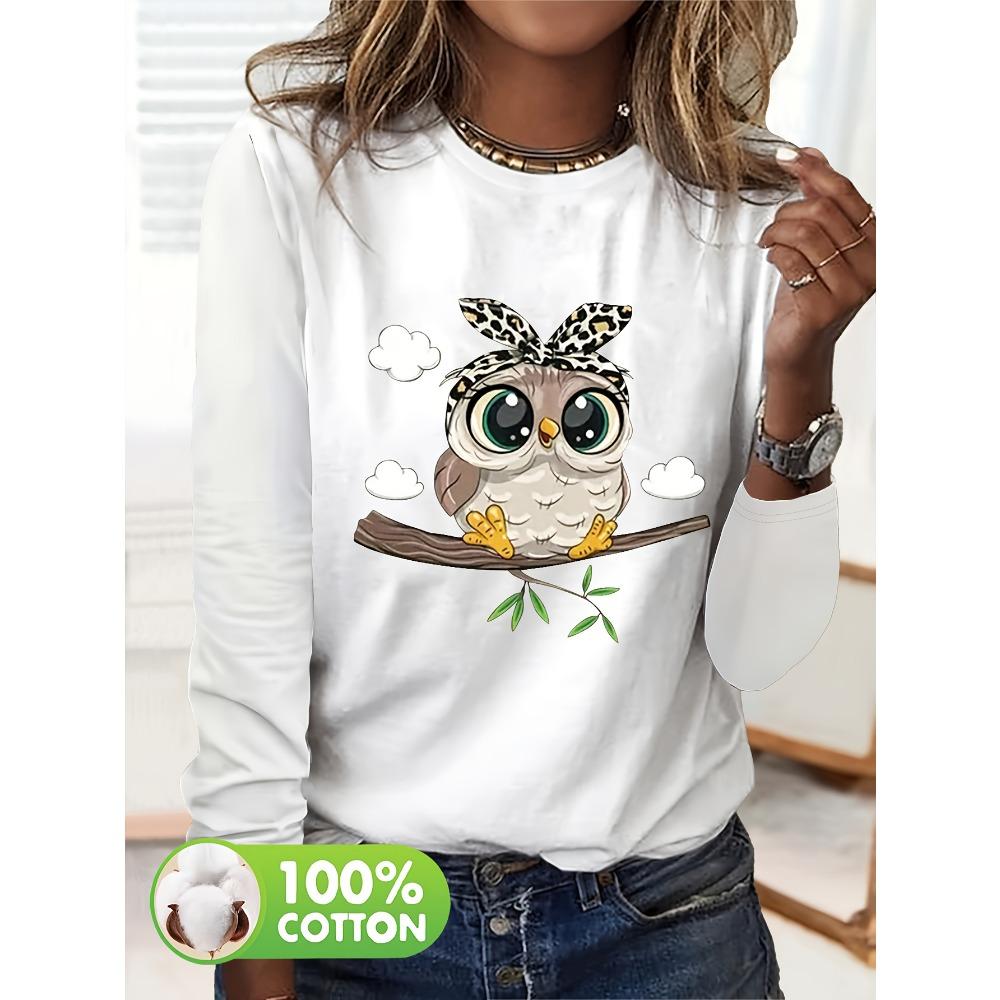 Women's 100% Cotton Long Sleeve T-Shirt Dragonfly Print round Neck Casual Fashion Top for Spring And Autumn