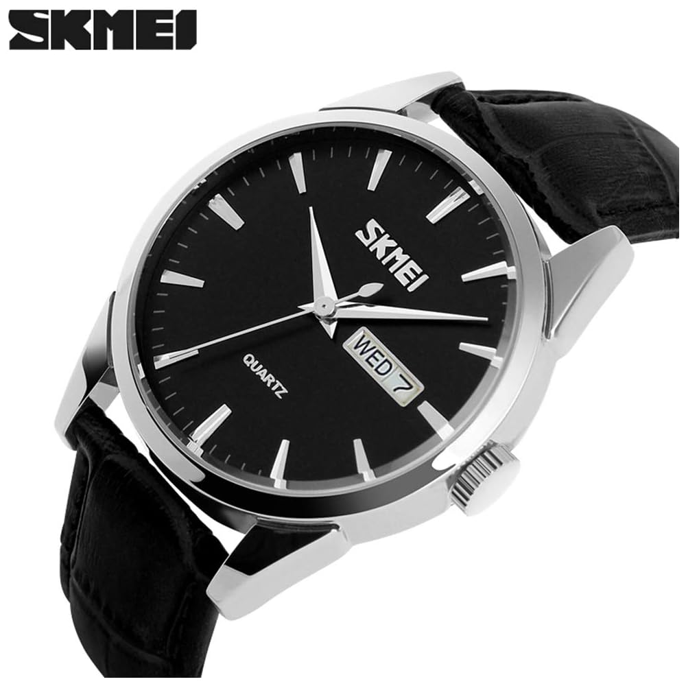 Men's Classic Black Leather Strap Watch Waterproof Quartz Analog Casual Lightweight Date Day Display