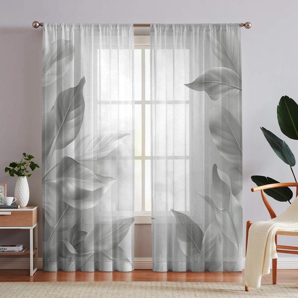 2 pieces HD digital Grey leaves printed window screen home decor style decoration living room bedroom rod