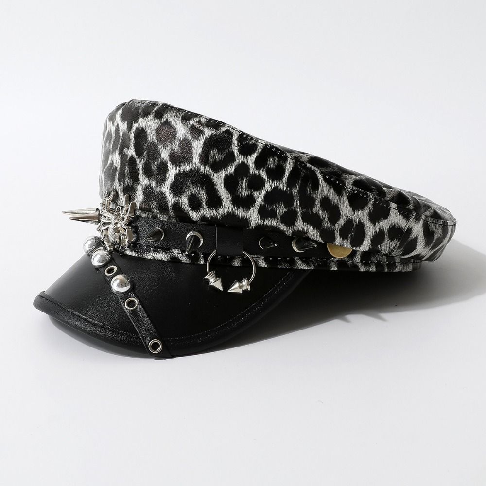 Punk Y2k Beret Hat Harajuku Flat Top Cap Vintage Rivet Leopard Hat  for Girls