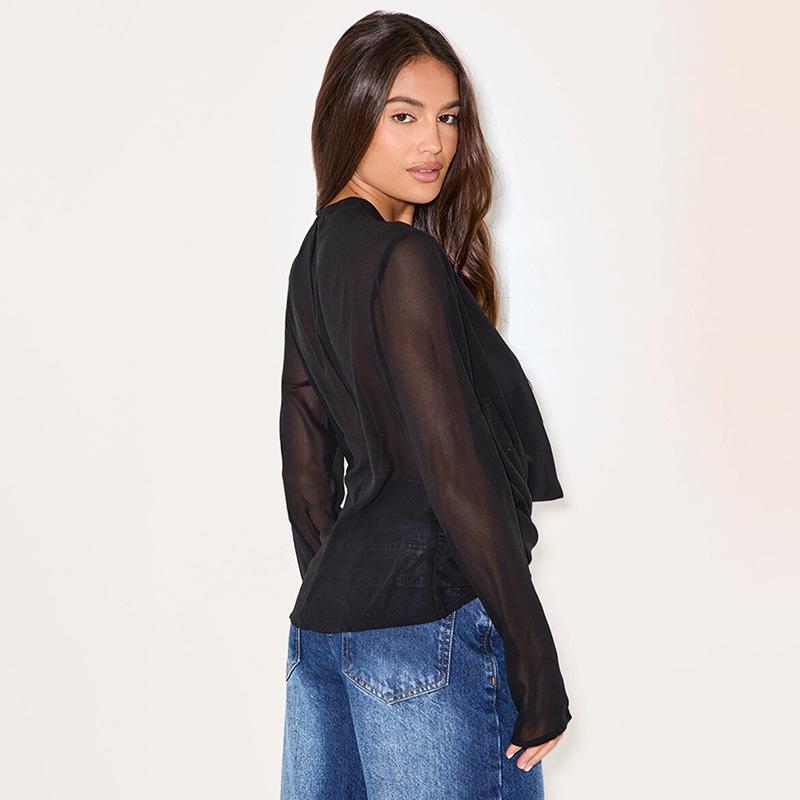 J25TP327 Women's Deep V Chiffon Long Sleeve Top with Flowing Collar and Scarf