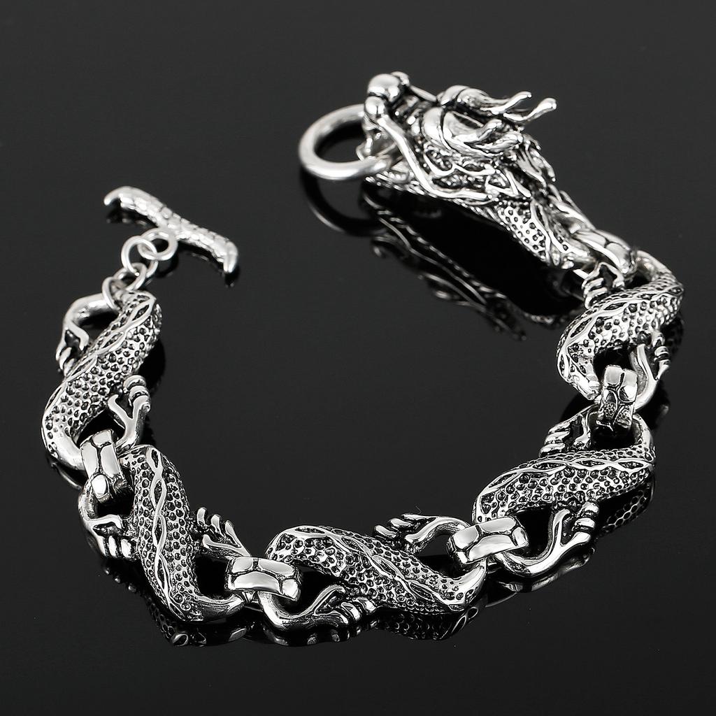 Kalen Dragon Bracelet Vintage Men's Carved Textured Bracelet Stainless Steel Jewelry Holiday Gift