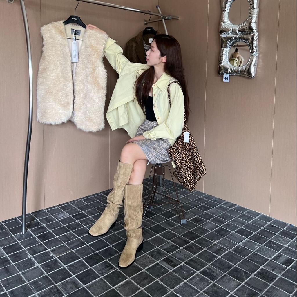 2025 New Round Head Thick High Heel High Tube Suede Thin Knight Fashion Women's Long High Tube Stacking Riding Boots