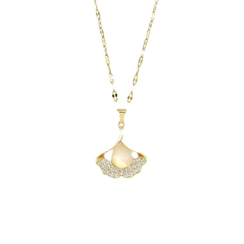 Small Apricot Leaf Necklace Women'S Micro-Inlaid Zircon Opal Pendant Titanium Steel Clavicle Chain High-End Simplicity