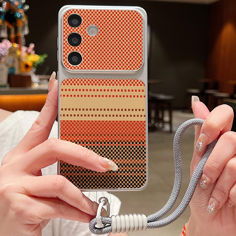 Geometric Cloth Texture Leather Lanyard Case For Samsung Galaxy A57 A37 A17 A56 A36 A26 A16 A55 A54 5G S21 FE S22 S23 S24 S25 Plus S26 Ultra