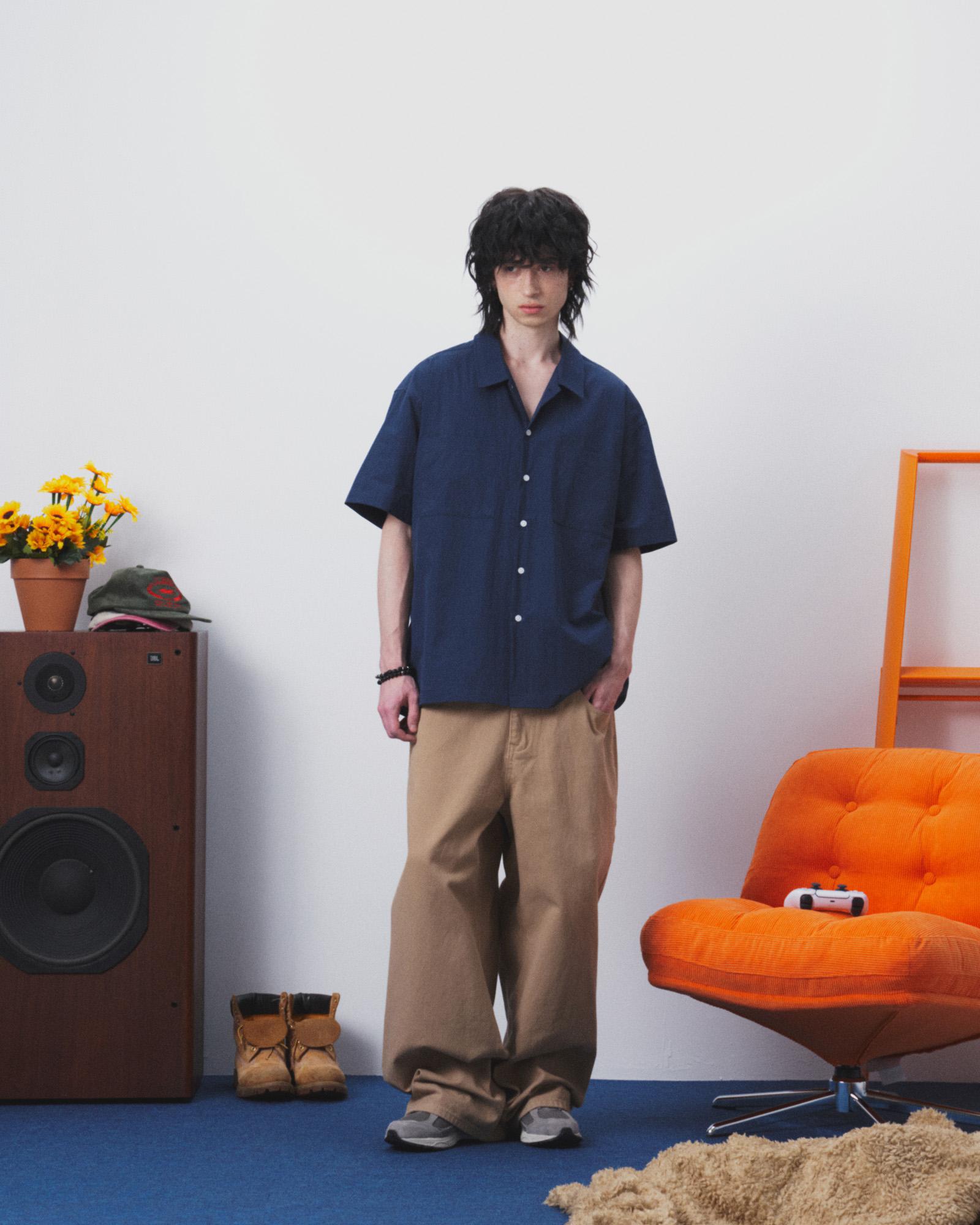 And Again Minimal Cotton Pocket Shirt (Navy L