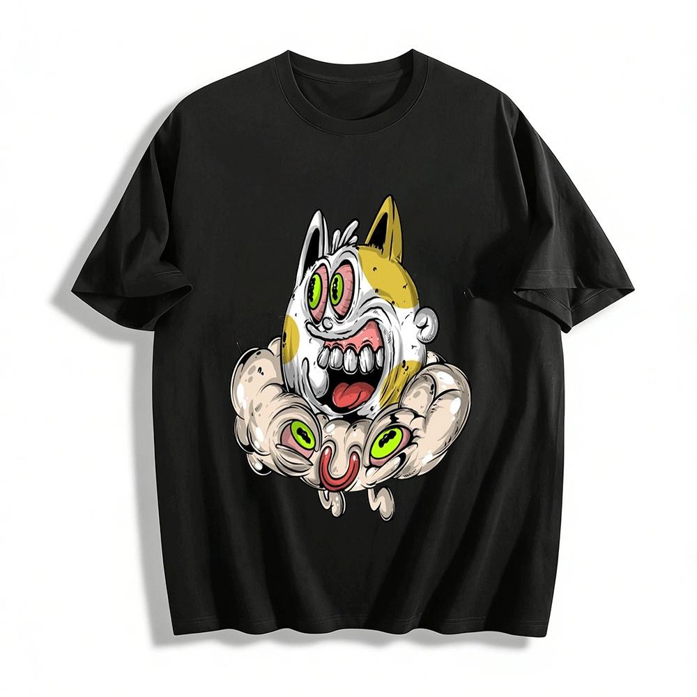 Weird Cloud Cat Print Trendy Casual Short Sleeve T-Shirt Pure cotton T-shirt XXS