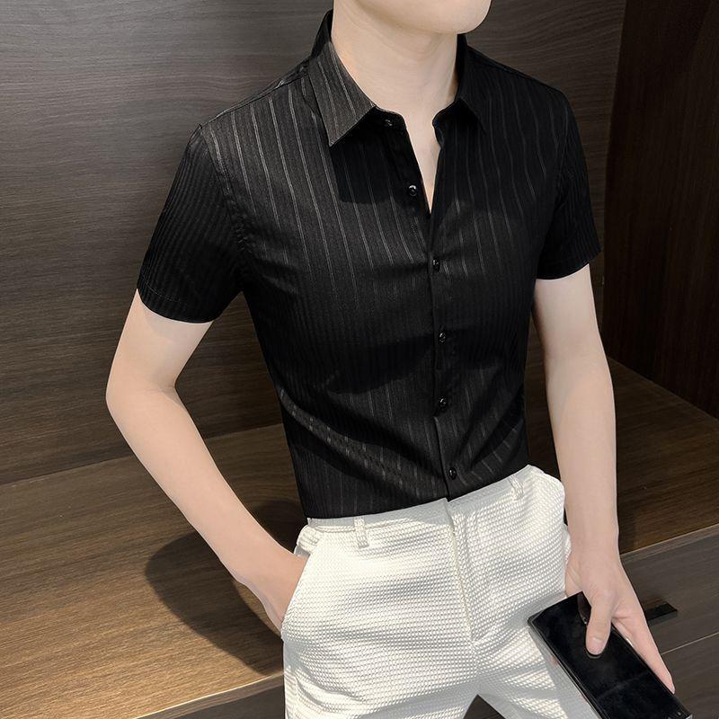 New Summer Fashion Handsome Casual Stripe Versatile Short Sleeved Shirt Men's Solid Lapel Button Slim High End Simple Tops
