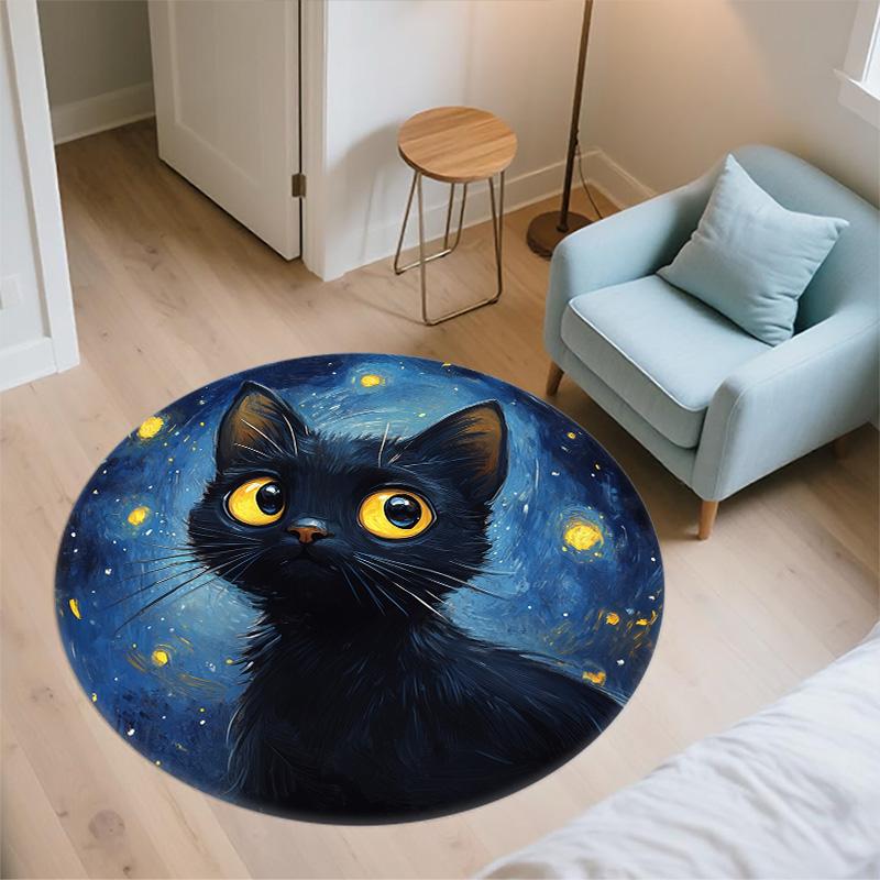 Night Cat Round Area Rug,Carpet Rug for Living Room Bedroom Sofa Playroom Decor,Non-slip Floor Mat