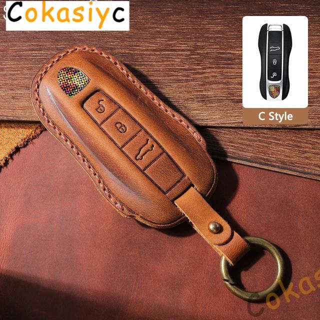 

Leather Car Key Case Cover For Porsche Macan 911 Panamera Cayenne 2018 Replacement Boxster 986 987 981 Remote Fob Shell Keychain