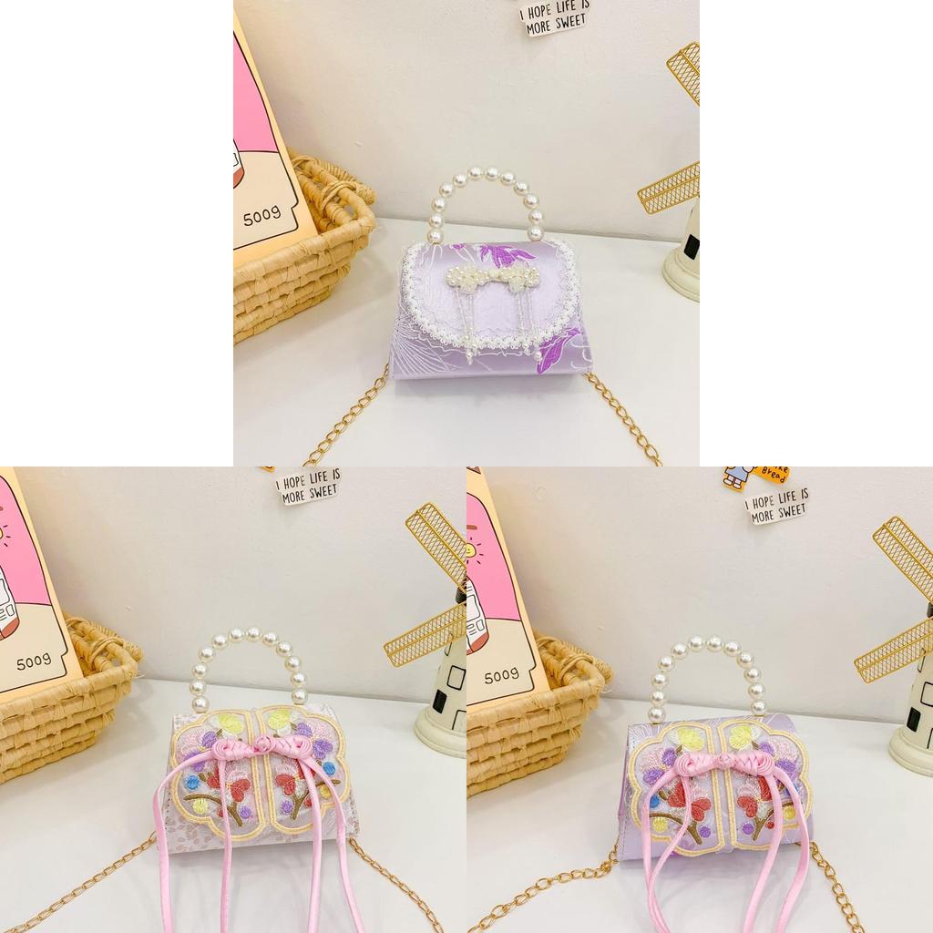 Childrens Cute Princess Crossbody Bag With Artificial Pearl Decoration And Embroidery Design For Daily Use