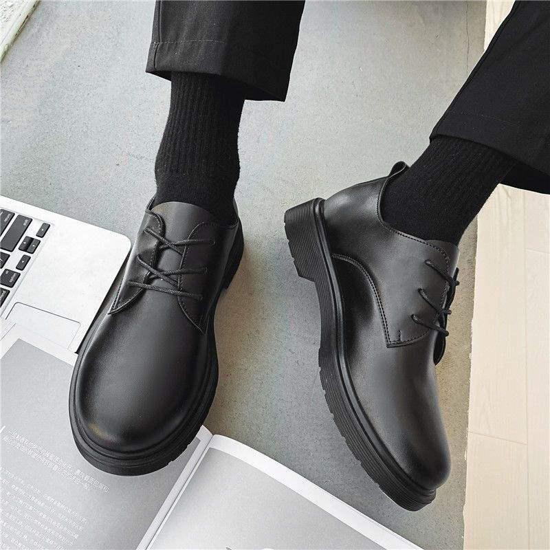 2025 Men's Black Round Toe Leather Shoes - British Style, Korean Trend, Formal & Casual