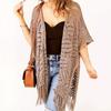 Women Boho Crochet Cardigan Open Front Fringed Kimono Long Sleeve Beach Cover Up