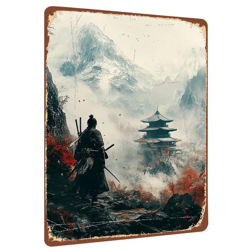Samurai Warrior Viewing Ancient Pagoda in Misty Mountain Landscape Custom Metal Wall Art Decor 20x30cm（7.8x11.8inch）