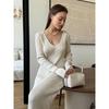 Women's New Solid Color Long Sleeve V-neck Slim Bodycon Knitted Maxi Dress Trendy Elegant Fashion Dresses