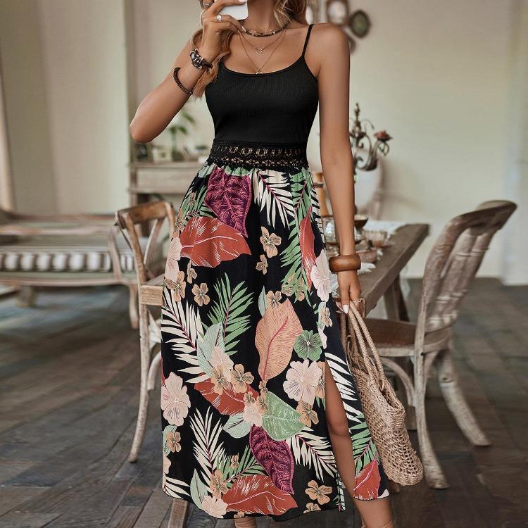 Summer Women Casual Sleeveless Strapless Camisole Dress High Waist A-Line Long Dresses Solid Color Print Suspender XS XL Spring