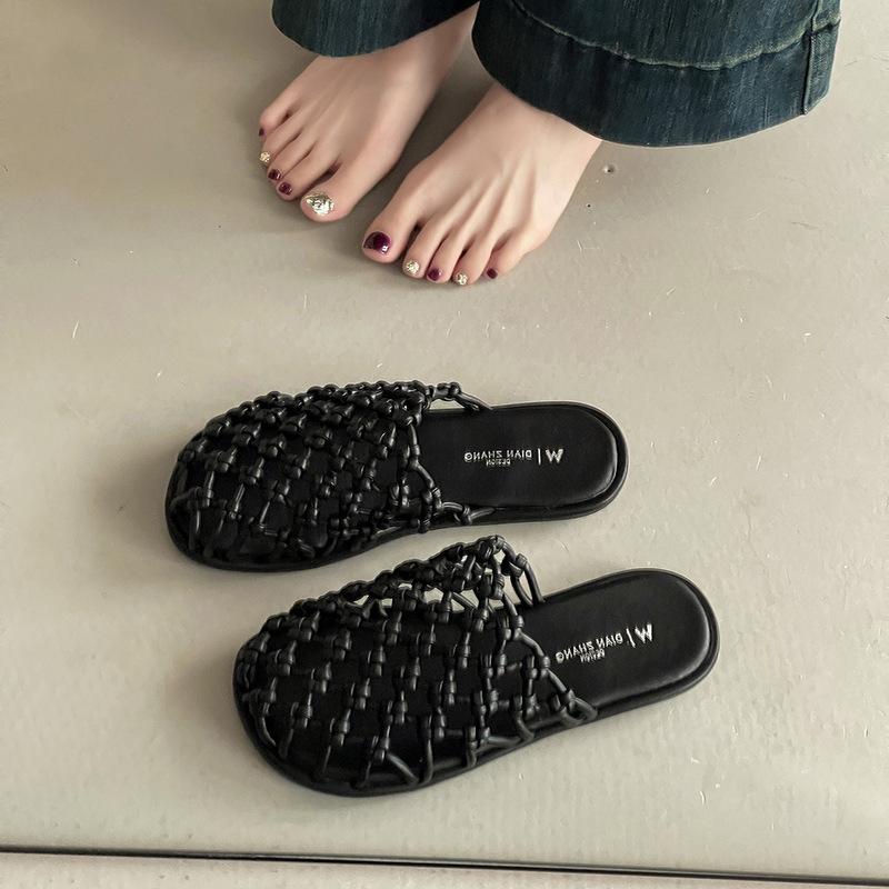 French Retro Simple Flat-bottomed Sandals Woven Hollow Bag Head Half Slippers Women's Summer Versatile Outer Wear Beach Slippers