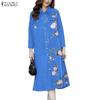 Women Casual Turn Down Collar Long Sleeve Loose Print Shirt Dress